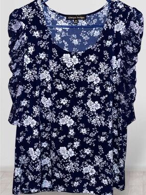 🌼Always Indigo Navy Floral Sheer Srunched Sleeve Blouse